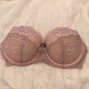 VS lightly lined tan and pink bedazzled bra.